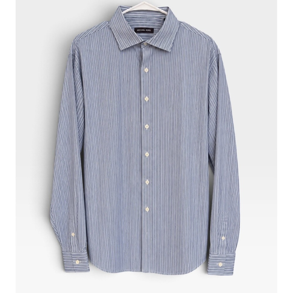 Michael Kors Mens 17 36/37 Blue White Stripe Dress Shirt 100% Cotton Long Sleeve